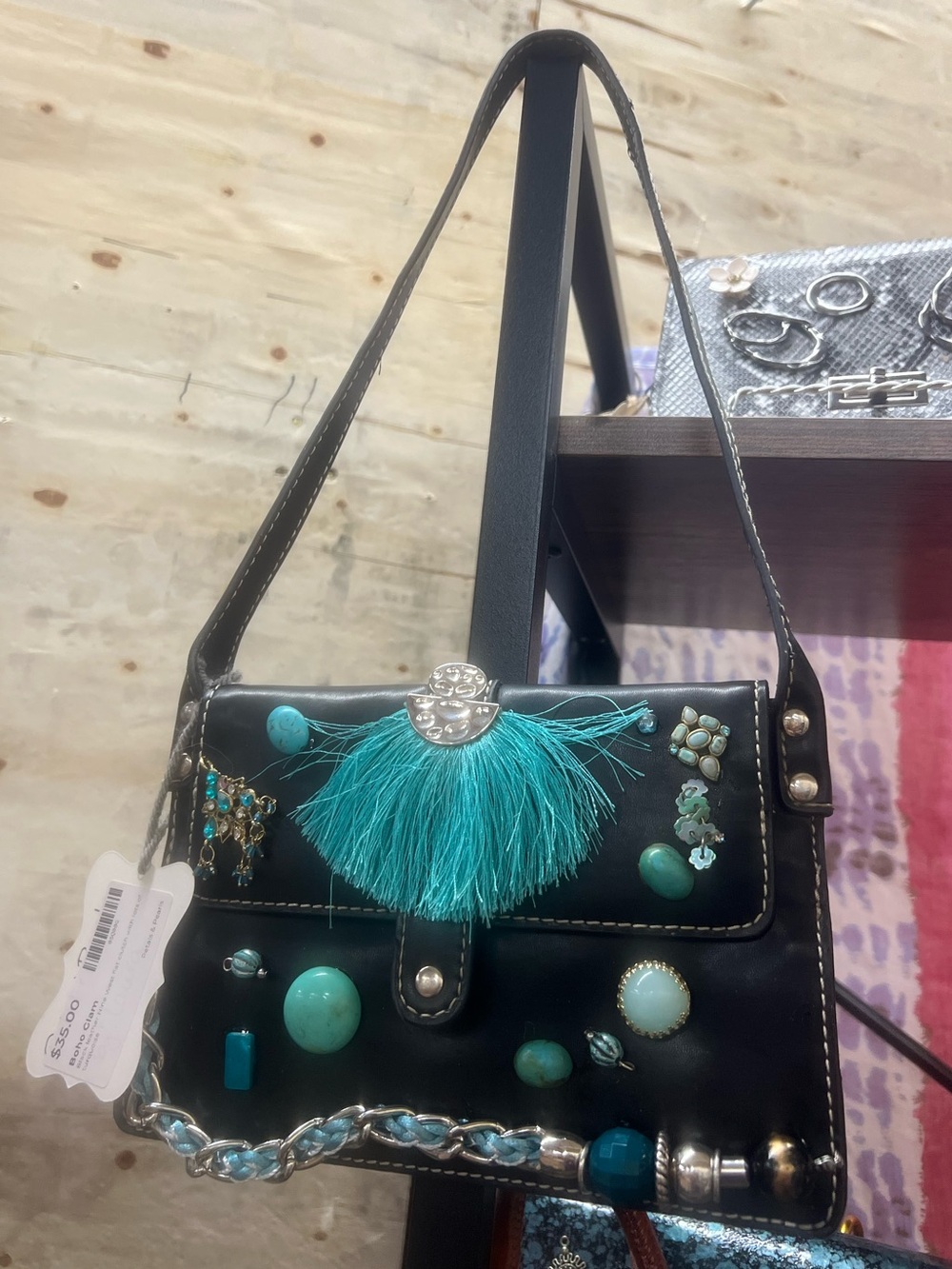 Small Black Nine West Shoulder Bag with Turquoise Accents